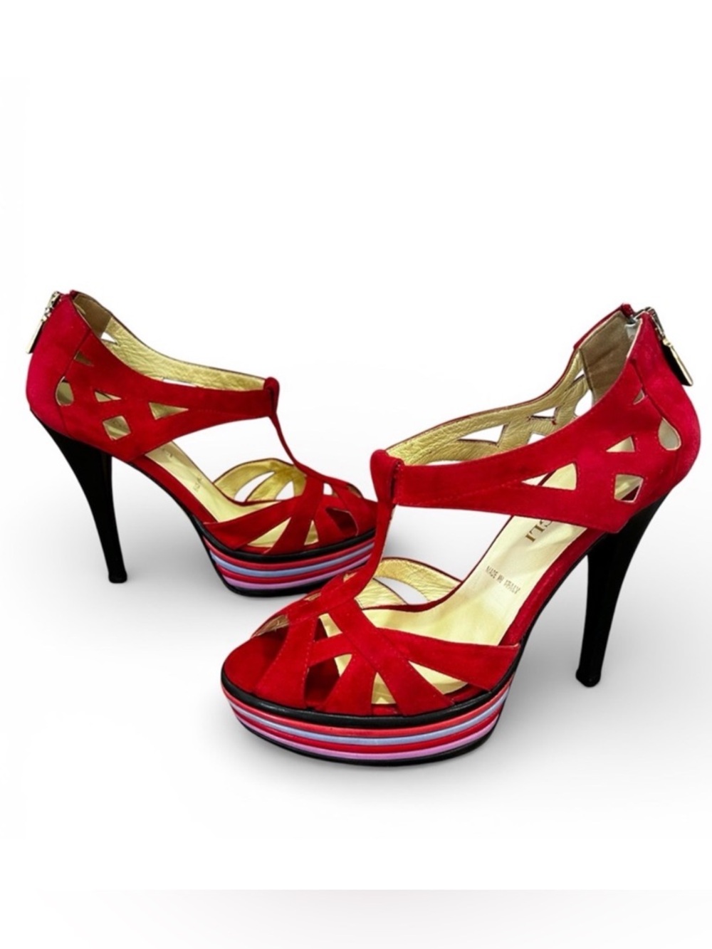 70s Vibe $695~BRUNO MAGLI~Red Suede T-Strap Multicolor Platform Heels~6.5/7/36.5